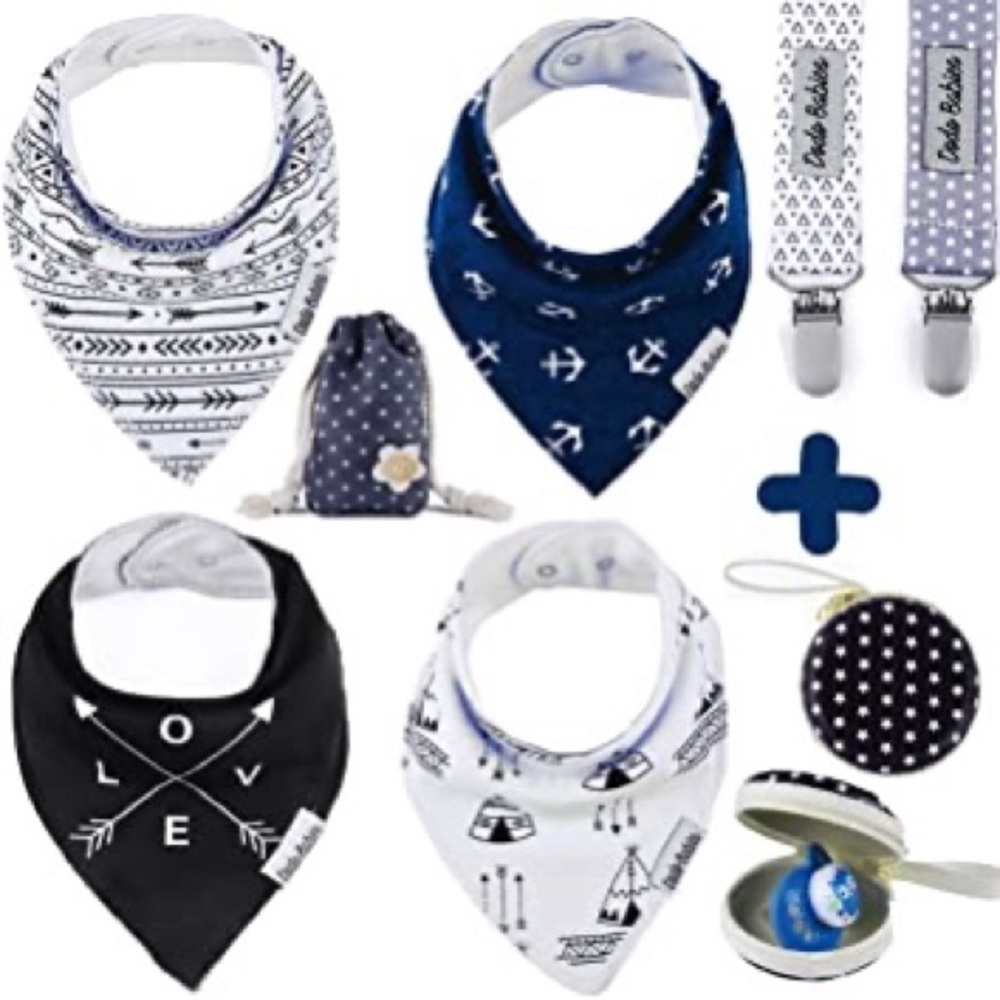 Baby bandana drool bib 4 pack 2 pacifier clip+case